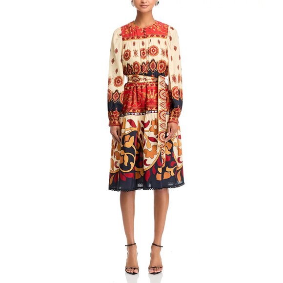 FARM Rio Ainika Tiles Belted Midi Dress, Cream/Red, NWT - Picture 2 of 15